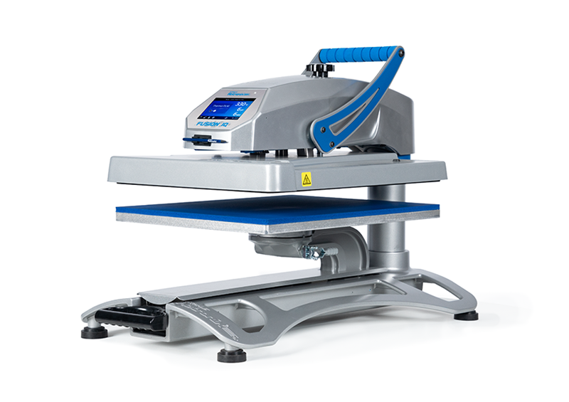 Hotronix® Fusion IQ® Heat Press with sleek silver design, blue handle, and digital control panel, ideal for precision heat transfer applications.