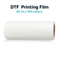 DTF Printing Film 60 cm x 100 meters roll with text highlighting size, suitable for sharp and vibrant fabric printing designs.