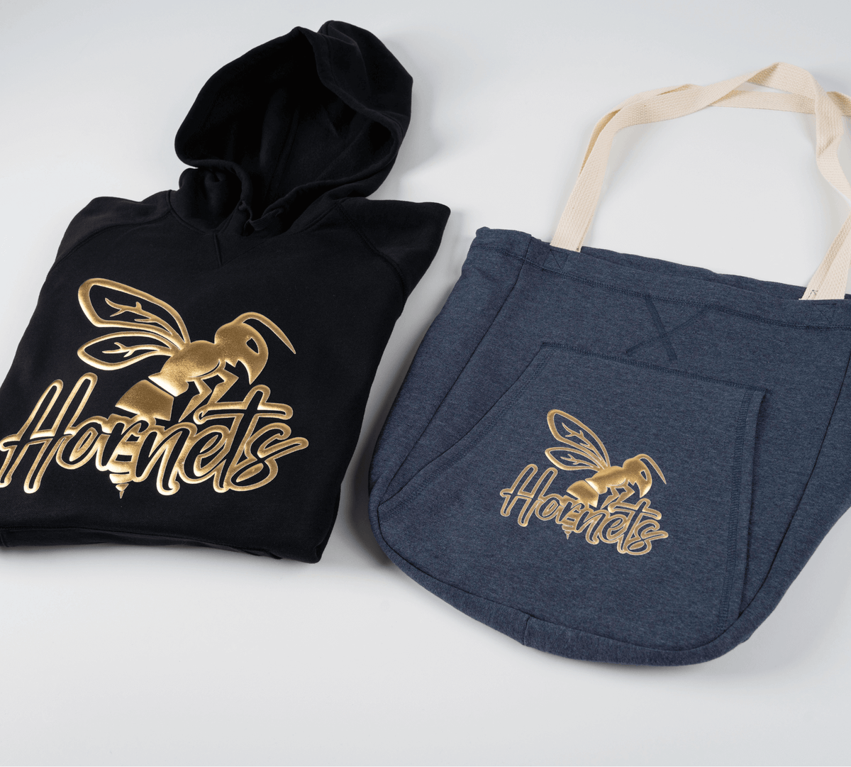 Hoodie and tote with gold puff vinyl design