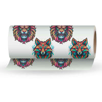 DTF FILM roll displaying vibrant lion and fox designs, demonstrating its capability for detailed and colorful fabric printing.