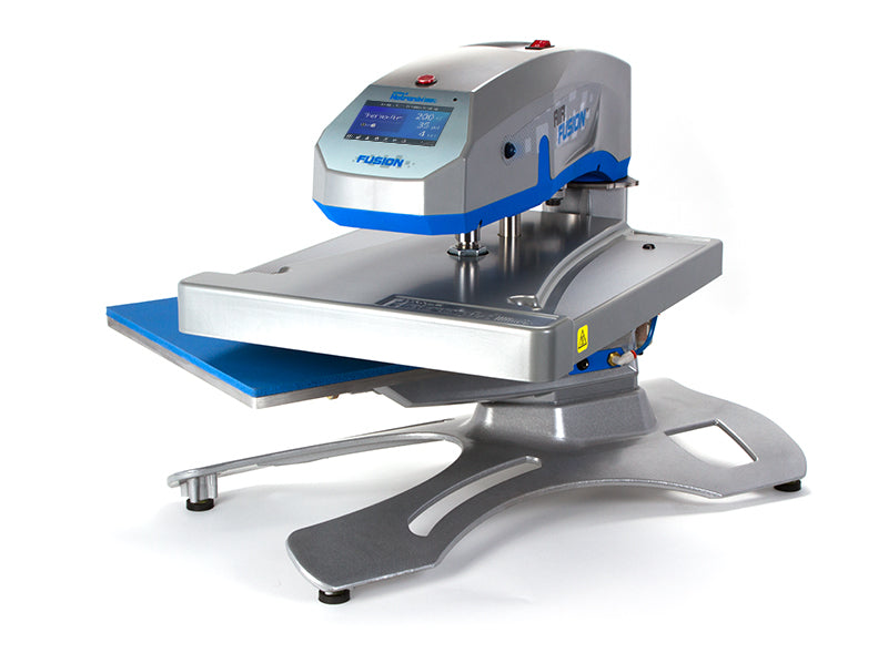 Hotronix® Fusion IQ® Heat Press featuring a durable silver frame, blue accents, and advanced digital interface for professional heat pressing.