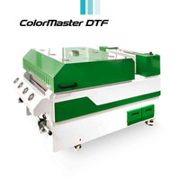 Side view of Miami Screen Print Supply ColorMaster DTF 604 printer, highlighting its green and white color scheme and functional layout.