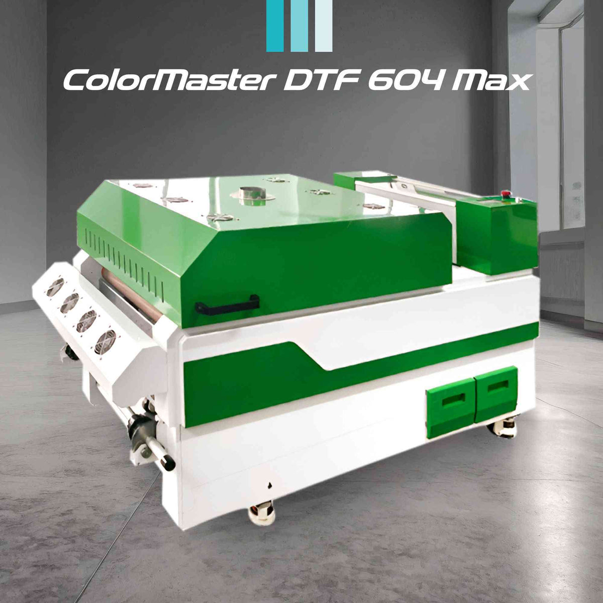 Side view of Miami Screen Print Supply ColorMaster DTF 604 Max printer in a studio setting, designed for high-quality DTF printing.