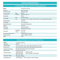 Technical specifications of Miami Screen Print Supply ColorMaster DTF 604 Max, detailing print width, media compatibility, and power requirements.