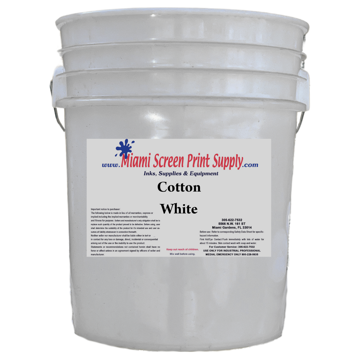 Cotton White Plastisol Ink in a large white bucket with Miami Screen Print Supply branding, ideal for vibrant prints on cotton and blends.