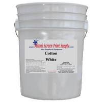 Cotton White Plastisol Ink in a large white bucket with Miami Screen Print Supply branding, ideal for vibrant prints on cotton and blends.