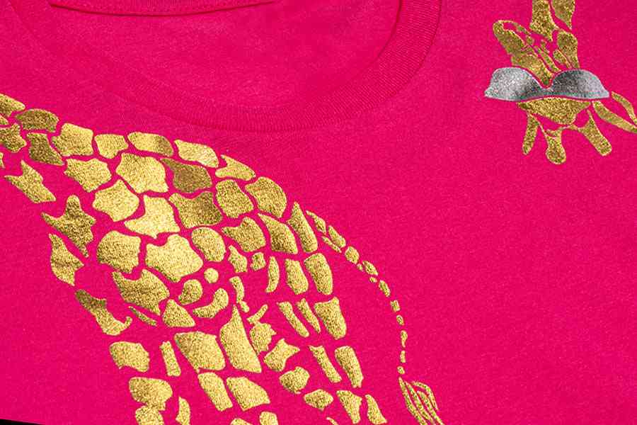 Red shirt with gold heat transfer foil design