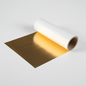 Metallic gold puff iron-on vinyl roll with a reflective surface, perfect for heat transfer and apparel customization.