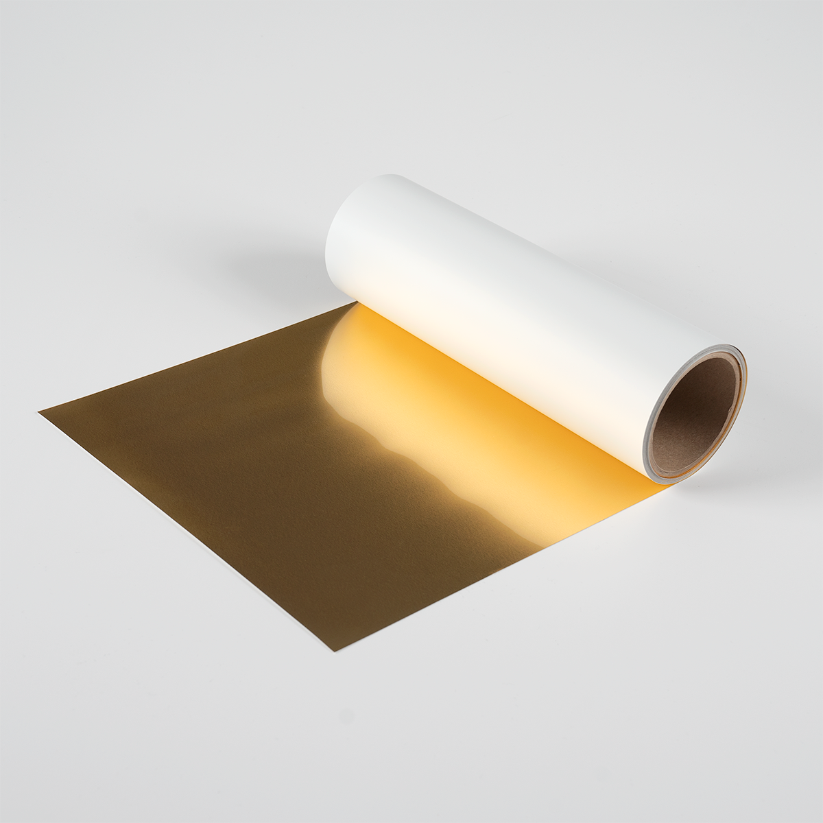 Metallic gold puff iron-on vinyl roll with a reflective finish, ideal for adding dimension and shine to apparel designs.