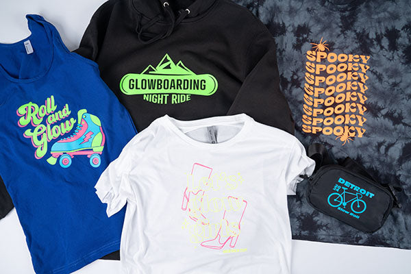 Clothing with glow in the dark designs: skate, bike