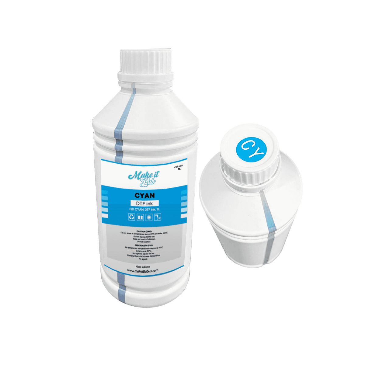 Cyan 1000ML DTF ink bottle with a close-up of the cap. Designed for vibrant and durable DTF printing results.