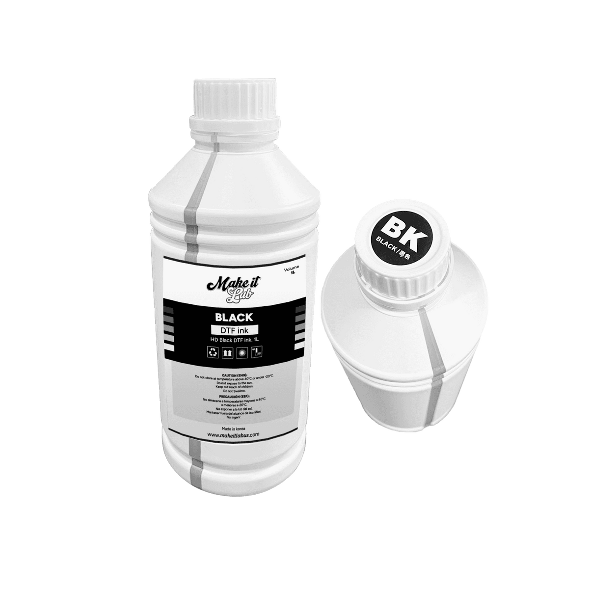 Black 1000ML DTF ink bottle with a close-up of the cap. Provides deep, rich tones for professional DTF printing.