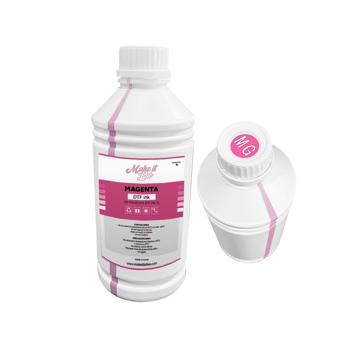 Magenta 1000ML DTF ink bottle with a close-up of the cap. Perfect for achieving vivid colors in DTF printing.