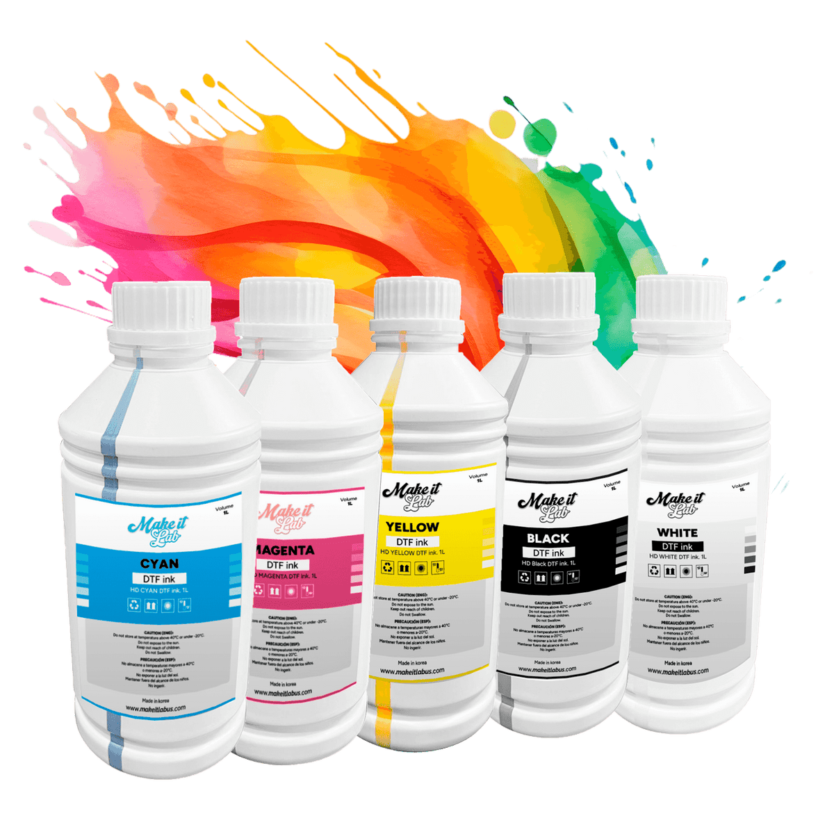 Set of five 1000ML DTF ink bottles in cyan, magenta, yellow, black, and white with vibrant splash background. Ideal for DTF printers.