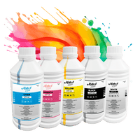 Set of five 1000ML DTF ink bottles in cyan, magenta, yellow, black, and white with vibrant splash background. Ideal for DTF printers.