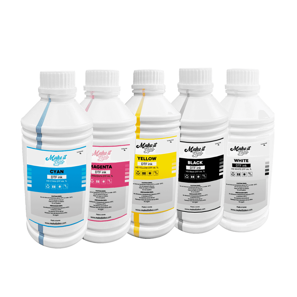 Five 1000ML DTF ink bottles in cyan, magenta, yellow, black, and white arranged in a row. High-quality ink for DTF printing.