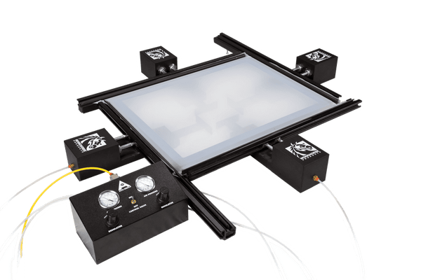 Image of a screen printing frame mounted on a stretching device 