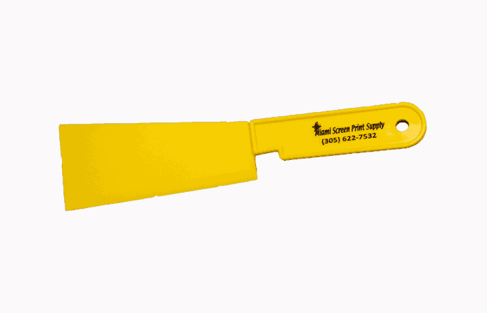 Yellow Goop Scoop tool from Miami Screen Print Supply, designed for efficient ink management in screen printing operations.