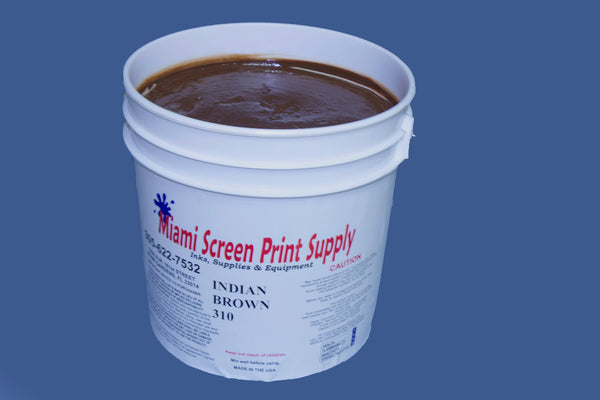 Image of a 1-gallon container of INDIAN BROWN 310 plastisol ink with a label displaying the color name and size.