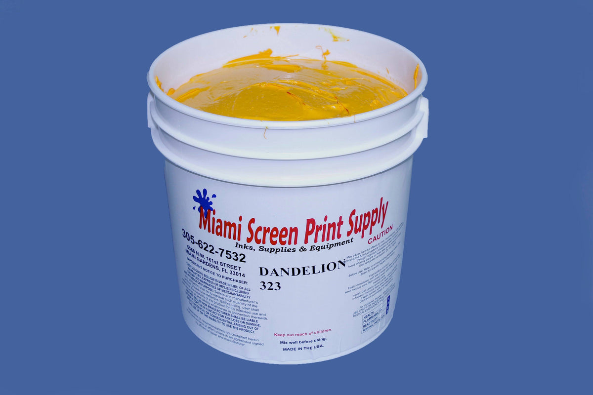 Image of a 5-gallon container of Dandelion 323 plastisol ink with a label displaying the color name and size. 