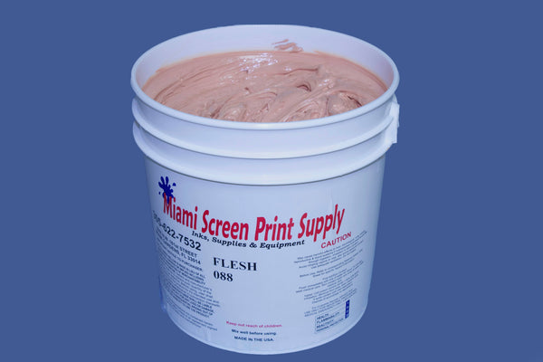 Image of a 5-gallon container of Flesh 088 plastisol ink with a label displaying the color name and size.