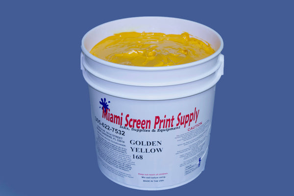 Image of a 1-gallon container of Golden Yellow 168 plastisol ink with a label displaying the color name and size.