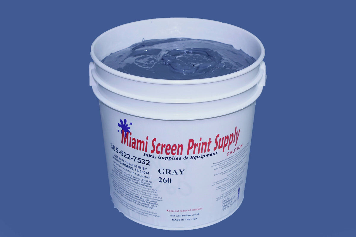 Image of a 1-gallon container of Gray 260 plastisol ink with a label displaying the color name and size.