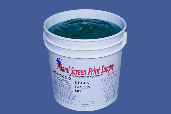 Image of a 1-gallon container of Kelly Green 505 plastisol ink with a label displaying the color name and size.