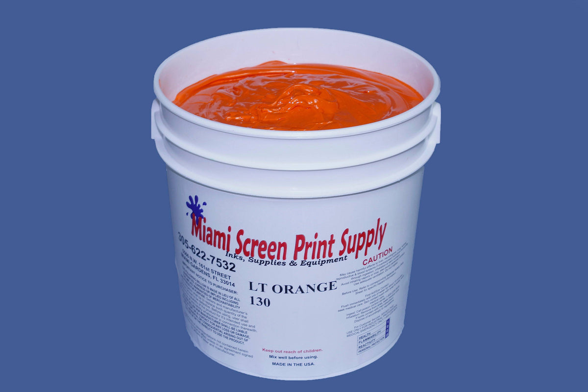 Image of a 1-gallon container of Light Orange 130 plastisol ink with a label displaying the color name and size.