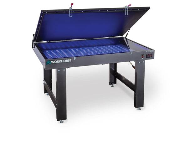 Image of a Workhorse Lumitron LED Large Exposure Unit, a metal screen printing exposure unit with a large blue lid and a digital control panel on the front.