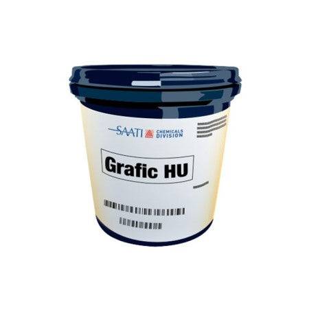 Image of a plastic bottle with a black label containing Saati Grafic HU Emulsion. The bottle can be either blue or red, and the Miami Screen Print Supply logo is displayed on the label.